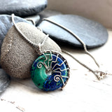 Azurite Malachite 30mm Lyra necklace on 18” sterling Silver chain