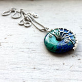 Azurite Malachite 30mm Lyra necklace on 18” sterling Silver chain
