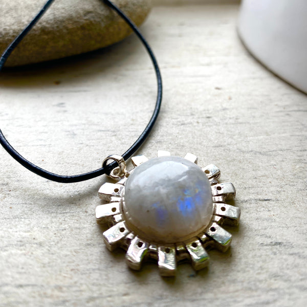 Rainbow moonstone cog pendant